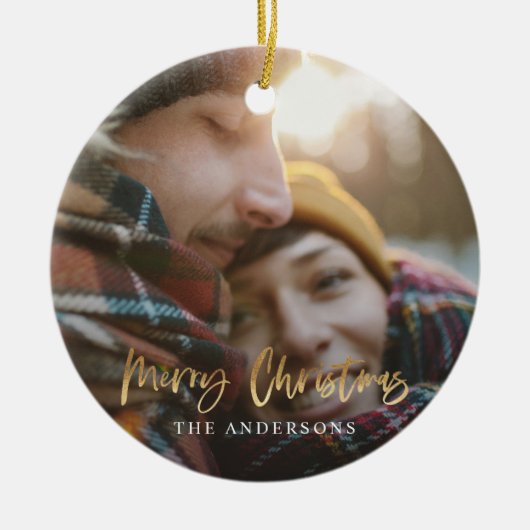 金ゴールドスクリプトmerry christmas redタータンチェック写真 セラミックオーナメント (正面)