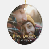 金ゴールドスクリプトmerry christmas redタータンチェック写真 セラミックオーナメント (左)