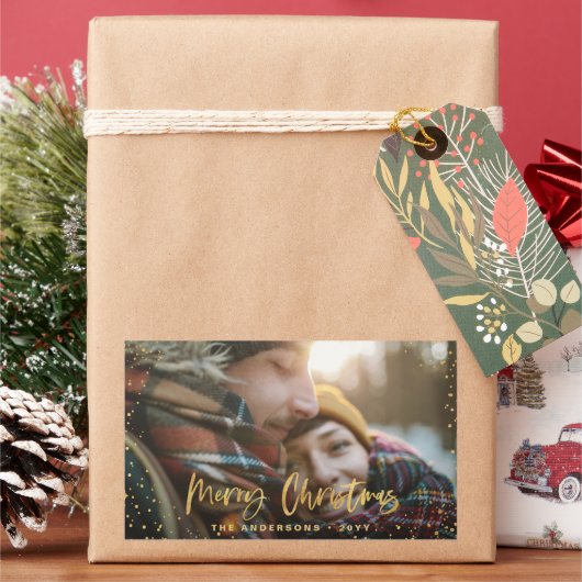 金ゴールドスクリプトmerry christmas stars photo エレガント 長方形シール (クリスマス)