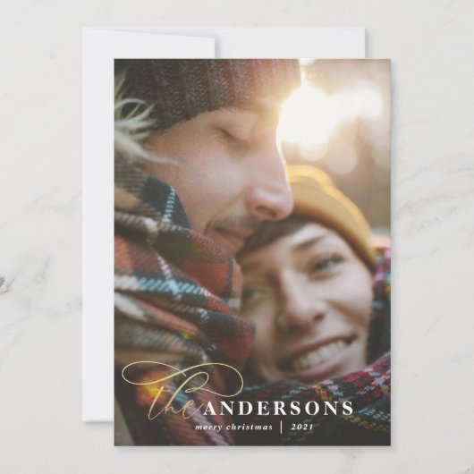 金ゴールドスクリプトmustard plaid backer 1写真クリスマス シーズンカード (正面)