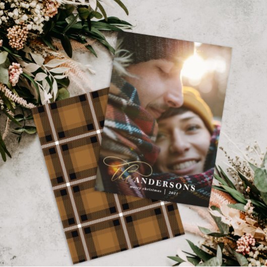 金ゴールドスクリプトmustard plaid backer 1写真クリスマス シーズンカード