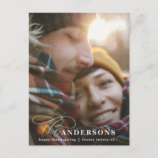 金ゴールドスクリプトred plaid thankgiving 1 photo holida シーズンポストカード (正面)