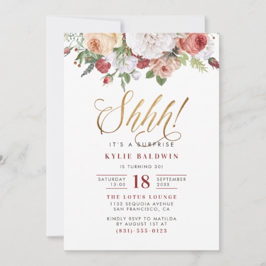 金ゴールドスクリプトShh!驚きの誕生日パーティーだ 招待状 (正面)