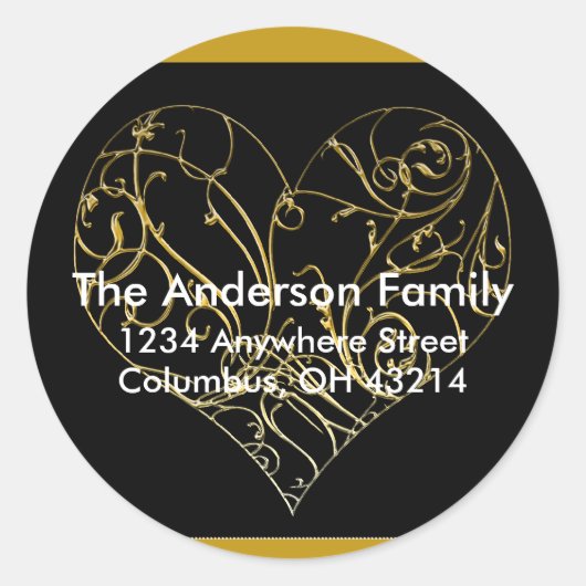 金ゴールドスクロールハートデザイン1 -差出人住所ラベル ラウンドシール (正面)