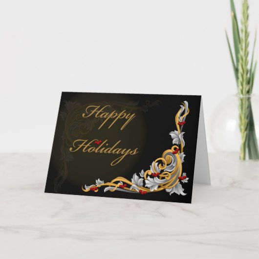 金ゴールドスクロールホリーベリー企業クリスマスカード シーズンカード (正面)