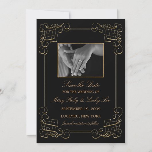 金ゴールドスクロール保存日付Annoucement セーブザデート (正面)