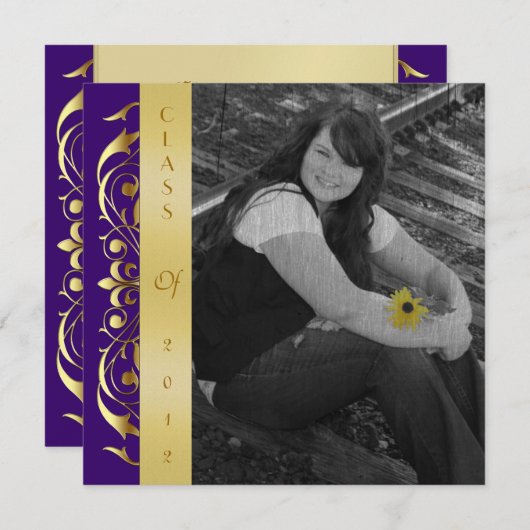 金ゴールドスクロール写真の紫色の卒業の招待状 招待状 (正面/裏面)