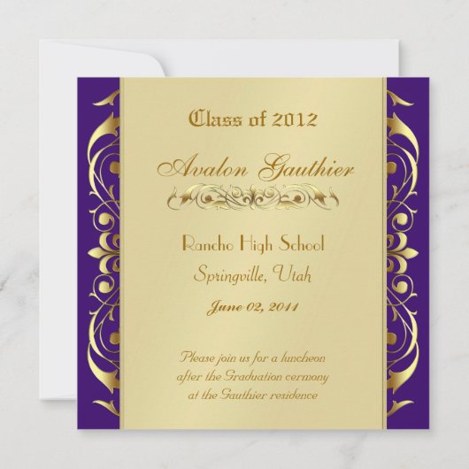 金ゴールドスクロール写真の紫色の卒業の招待状 招待状 (裏面)
