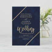 金ゴールドスストライプクリプト海軍ブルー結婚ウォーター 招待状 (スタンド正面)