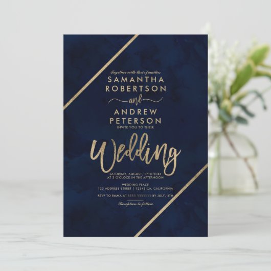 金ゴールドスストライプクリプト海軍ブルー結婚ウォーター 招待状 (スタンド正面)
