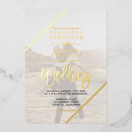 金ゴールドスストライプクリプト結婚シックの2枚の写真 箔招待状 (正面)