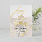 金ゴールドスストライプクリプト結婚シックの2枚の写真 箔招待状 (立ち正面)