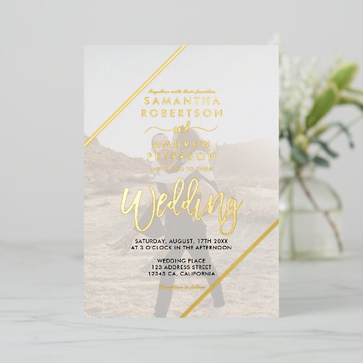 金ゴールドスストライプクリプト結婚シックの2枚の写真 箔招待状 (立ち正面)