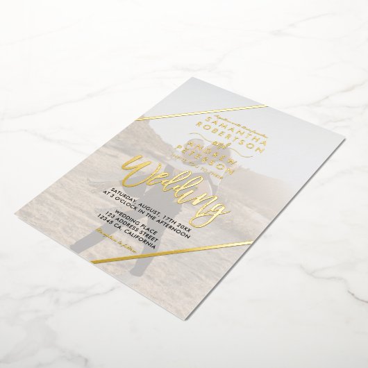 金ゴールドスストライプクリプト結婚シックの2枚の写真 箔招待状 (回転した状態)