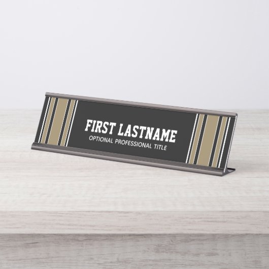 金ゴールドスストライプポーツジャージー名 – ブラック編集可能 デスクネームプレート (正面)
