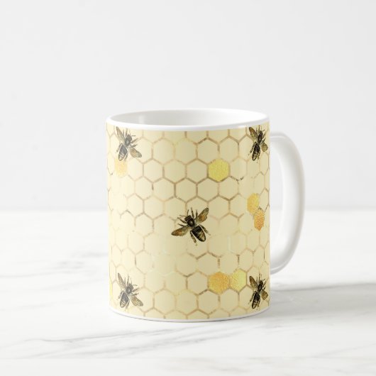 金ゴールドスタイリッシュイエロービーズハニカム コーヒーマグカップ (正面右)