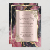 金ゴールドスタイリッシュグリッターブラックブルゴーニュ退職 招待状 (正面/裏面)