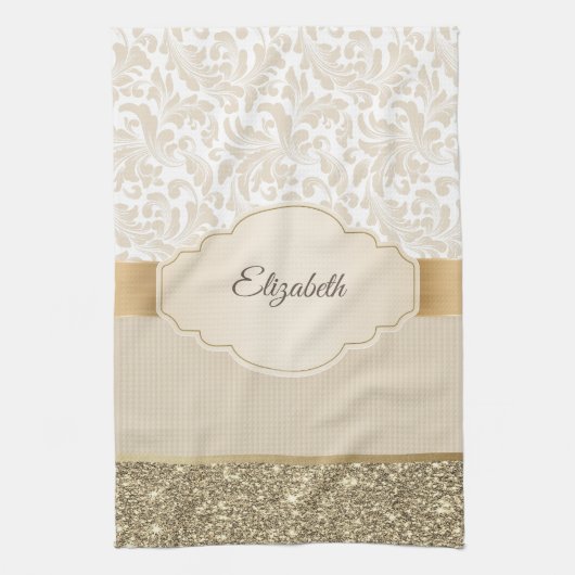 金ゴールドスタイリッシュグリッターヴィンテージダマスク キッチンタオル (縦)