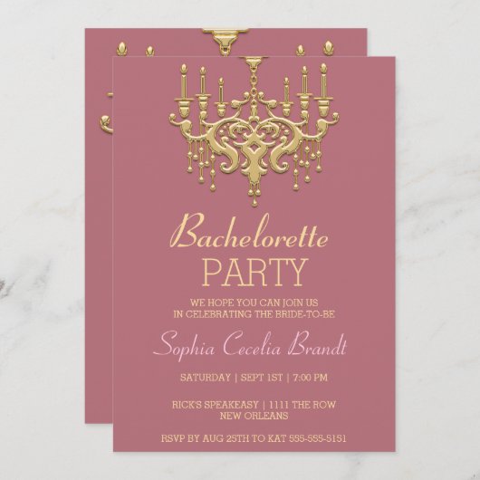 金ゴールドスタイリッシュシャンデリアパーティの招待状 招待状 (正面/裏面)