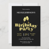 金ゴールドスタイリッシュシャンパンブラックバースデーパーティー 招待状 (正面)