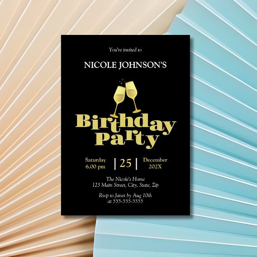金ゴールドスタイリッシュシャンパンブラックバースデーパーティー 招待状