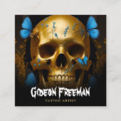 金ゴールドスタイリッシュスカル蝶タトゥーアーティスト スクエア名刺 (正面)