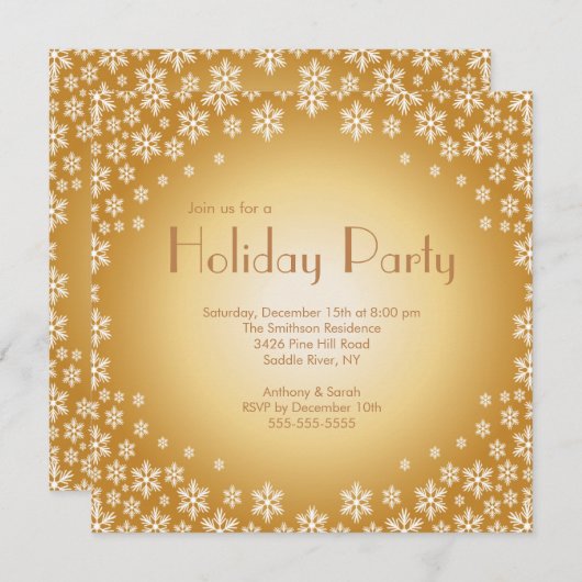 金ゴールドスタイリッシュスノーフレークスホリデーパーティー招待状 招待状 (正面/裏面)