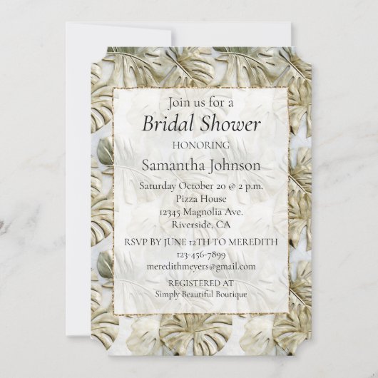 金ゴールドスタイリッシュセージ緑の熱帯葉 招待状 (正面)