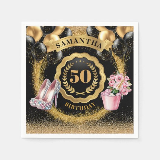 金ゴールドスタイリッシュバルーンナプキンとバラ金ゴールドヒール スタンダードカクテルナプキン (正面)