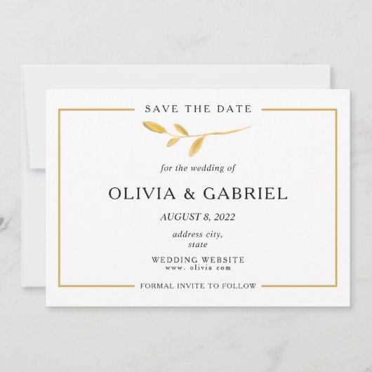 金ゴールドスタイリッシュブランチ。シンプルタイポグラフィ結婚ズ セーブザデート (正面)