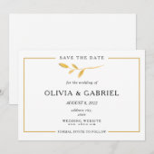 金ゴールドスタイリッシュブランチ。シンプルタイポグラフィ結婚ズ セーブザデート (正面/裏面)