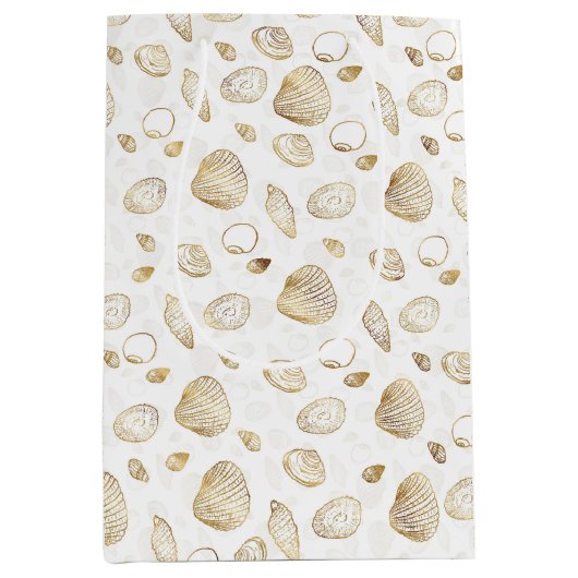 金ゴールドスタイリッシュ白の貝殻のパターン ミディアムペーパーバッグ (正面)