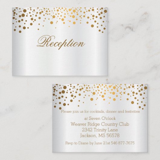 金ゴールドスタイリッシュ紙吹雪ドット付きホワイトサテン エンクロージャーカード (正面/裏面)