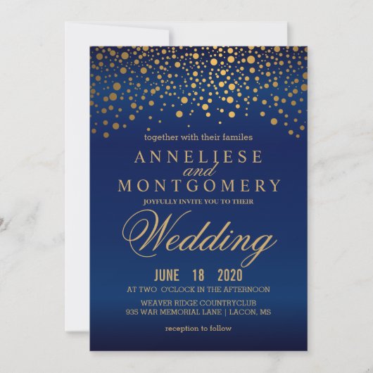 金ゴールドスタイリッシュ紙吹雪ネービーブルー結婚式招待状 招待状 (正面)
