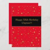 金ゴールドスターとメッセージの赤い誕生日パーティー 招待状 (正面/裏面)