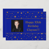 金ゴールドスターとメッセージ写真オン青誕生日 招待状 (正面/裏面)