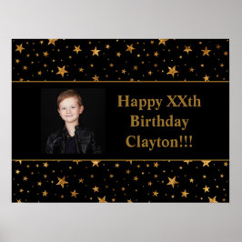 金ゴールドスターとメッセージ写真オン黒誕生日 ポスター