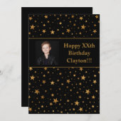 金ゴールドスターとメッセージ写真オン黒誕生日 招待状 (正面/裏面)