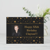 金ゴールドスターとメッセージ写真オン黒誕生日 招待状 (スタンド正面)