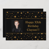 金ゴールドスターとメッセージ写真オン黒誕生日 招待状 (正面/裏面)