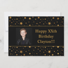 金ゴールドスターとメッセージ写真オン黒誕生日 招待状