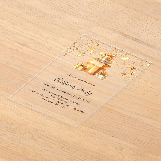 金ゴールドスターのギフトはクリスマスのパーティーを曇らせた アクリル招待状 (レイダウン)