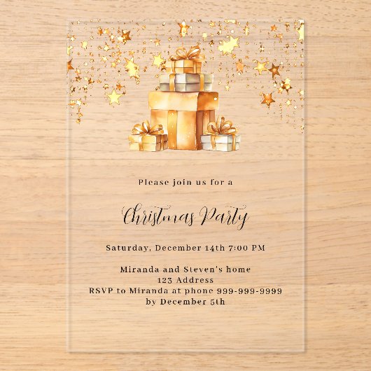 金ゴールドスターのギフトはクリスマスのパーティーを曇らせた アクリル招待状 (正面)