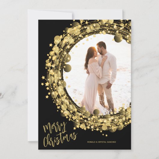 金ゴールドスターのブラックメリークリスマスフォト シーズンカード (正面)