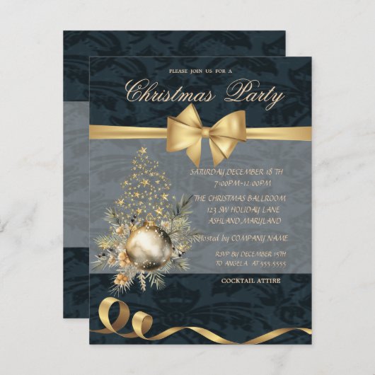 金ゴールドスタークリスマスツリー弓ボールクリスマスパーティー 招待状 (正面/裏面)