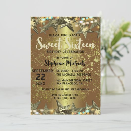 金ゴールドスターグリッターアンドライツスウィート16誕生日 招待状 (スタンド正面)