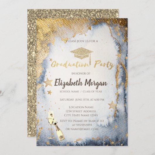 金ゴールドスターグリッターグラッドキャップウォーターカラー 招待状 (正面/裏面)