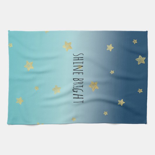金ゴールドスターズアクアブルーグラデーションパーソナライズされた引用文 キッチンタオル (横)