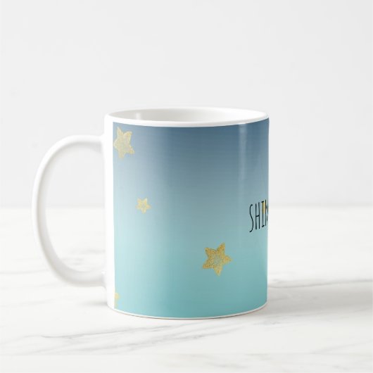 金ゴールドスターズアクアブルーグラデーションパーソナライズされた引用文 コーヒーマグカップ (左)