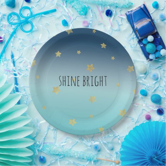 金ゴールドスターズアクアブルーグラデーションパーソナライズされた引用文 ペーパープレート (パーティー)